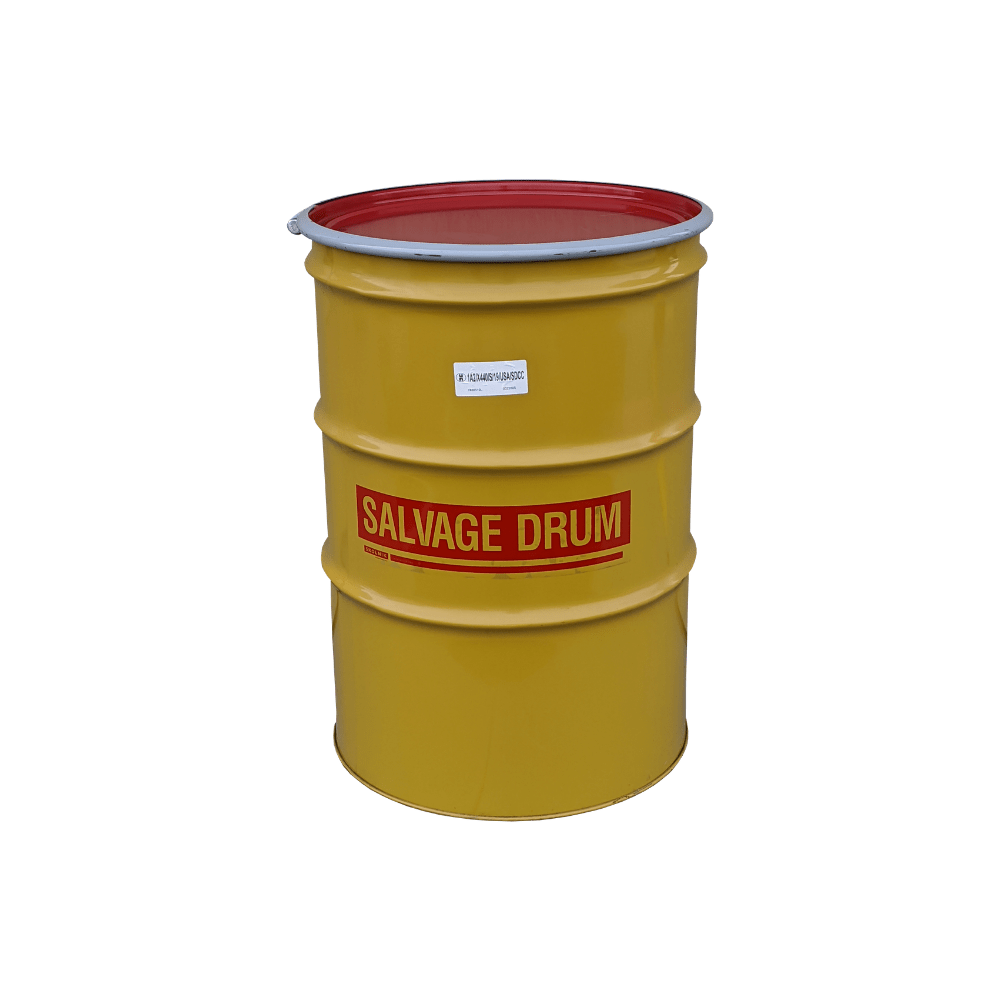 New 85 Gallon Steek Salvage Drum, Lined, UN 1A2/XX435S, Removable Lid and  Ring, No Bungs - Mitchell Container Services, Inc.
